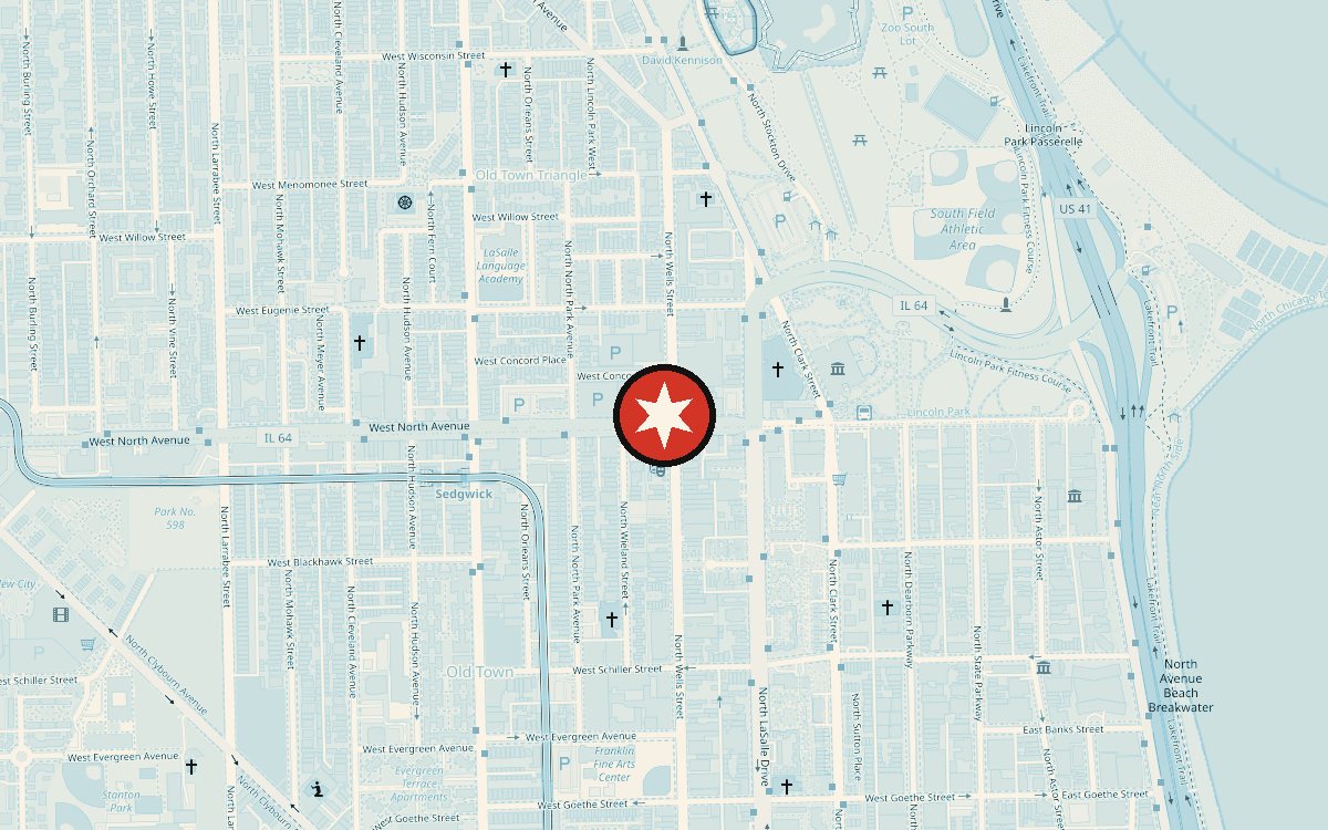 Map showing the meeting point at North/Wells, 210 W North Ave, Chicago, IL 60610
