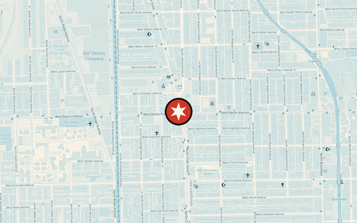 Map showing the meeting point at Clark/Devon, 6400 N Clark St, Chicago, IL 60626